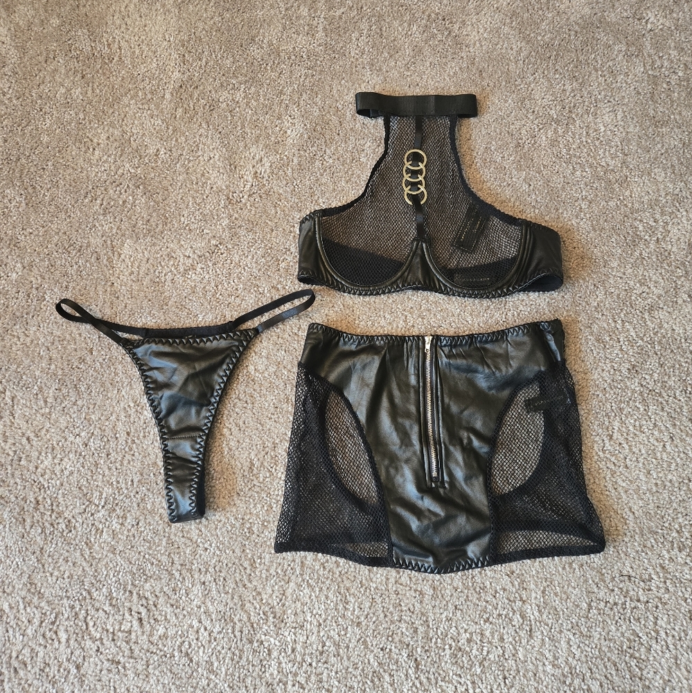 Black Mesh and Leather Lingerie Set